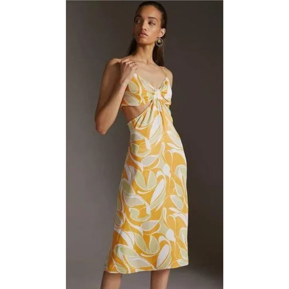Anthropologie Cutout Yellow Motif Slip Midi Dress, 100% Viscose, Size XL, NWT